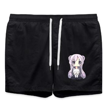 Anime Cats Kawaii Teen Otaku Girl With Cat - Swim Trunks - black - Front - AI Model Male 185 light (185cm)