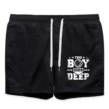 Paleontologist boy diggs deep for dinosors - Swim Trunks - black - Front - AI Model Male 185 light (185cm)