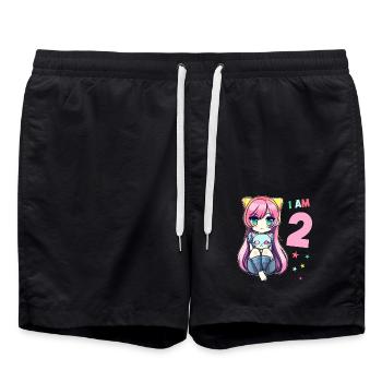 2 Year Old Girl Anime Kawaii Cat 2nd Birthday - Swim Trunks - black - Front - AI Model Male 185 light (185cm)