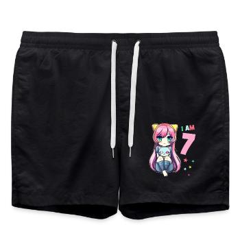 7 Year Old Girl Anime Kawaii Cat 7th Birthday - Swim Trunks - black - Front - AI Model Male 185 light (185cm)