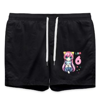 6 Year Old Girl Anime Kawaii Cat 6th Birthday - Swim Trunks - black - Front - AI Model Male 185 light (185cm)