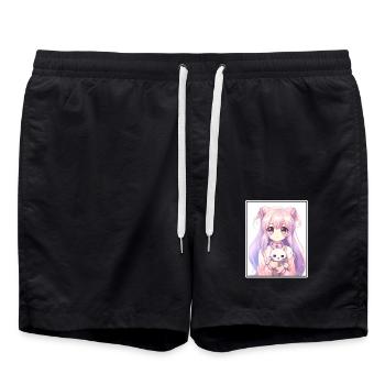 Kawaii Girl Anime Manga Girl Cat - Swim Trunks - black - Front - AI Model Male 185 light (185cm)