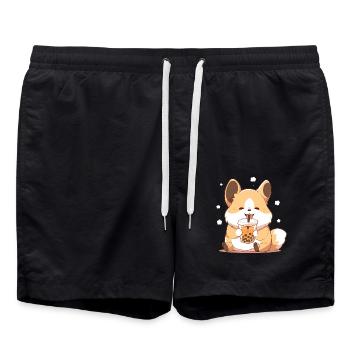 Kawaii Corgi Hund trinkt Boba Bubble Tea Chibi - Badeshorts - Schwarz - Vorne - AI Model Male 185 light (185cm)