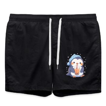 Kawaii Pinguin trinkt Boba Bubble Tea Chibi - Badeshorts - Schwarz - Vorne - AI Model Male 185 light (185cm)