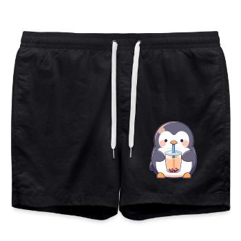 Kawaii Pinguin trinkt Boba Bubble Tea Chibi - Badeshorts - Schwarz - Vorne - AI Model Male 185 light (185cm)