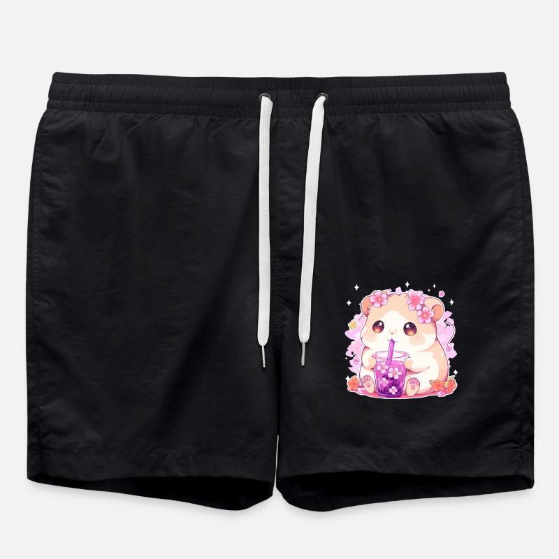 Kawaii Hamster trinkt Boba Bubble Tea Chibi - Badeshorts - Schwarz