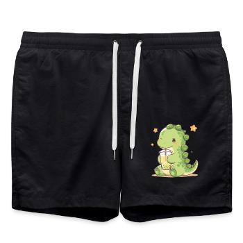 Kawaii Dinosaur Drinks Boba Bubble Tea Chibi - Swim Trunks - black - Front - AI Model Male 185 light (185cm)