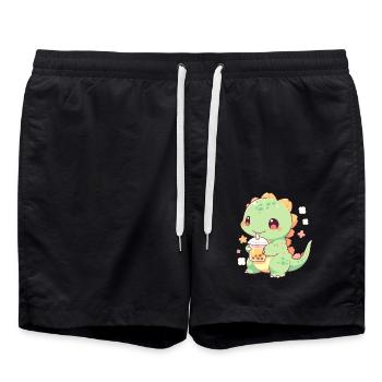 Kawaii Dinosaur Drinks Boba Bubble Tea Chibi - Swim Trunks - black - Front - AI Model Male 185 light (185cm)