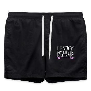I enjoy my life in full trains Denglisch - Swim Trunks - black - Front - AI Model Male 185 light (185cm)