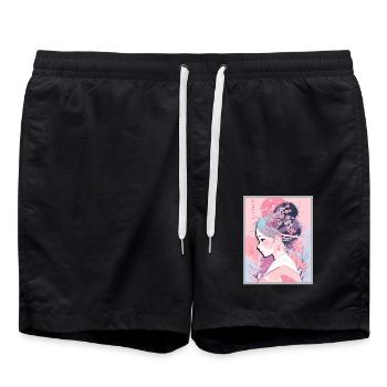 Vintage Japanese Aesthetic Otaku Anime Girl - Swim Trunks - black - Front - AI Model Male 185 light (185cm)