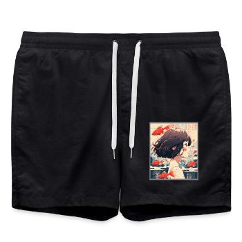 Vintage Japanese Aesthetic Otaku Anime Girl - Swim Trunks - black - Front - AI Model Male 185 light (185cm)