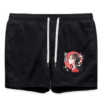 Vintage Japanese Aesthetic Otaku Anime Girl - Swim Trunks - black - Front - AI Model Male 185 light (185cm)