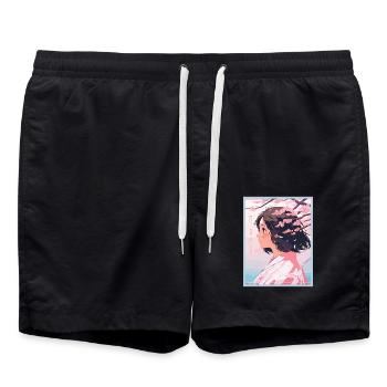 Vintage Japanese Aesthetic Otaku Anime Girl - Swim Trunks - black - Front - AI Model Male 185 light (185cm)