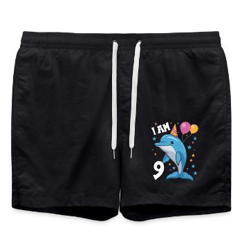 I am 9 years old Dolphins Dolphin 9th birthday - Swim Trunks - black - Front - AI Model Male 185 light (185cm)