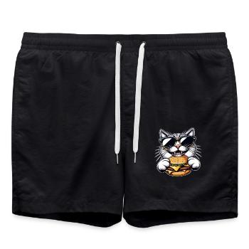 Coole Katze Nerd beim Hamburger Cheeseburger Essen - Badeshorts - Schwarz - Vorne - AI Model Male 185 light (185cm)