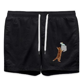 Katze, die nach Kakadu in gefälschter Print-On-Tasche greift - Badeshorts - Schwarz - Vorne - AI Model Male 185 light (185cm)