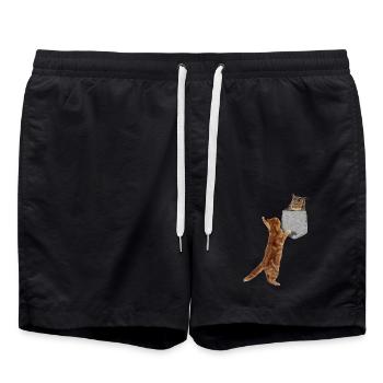 Katze, die nach Eule in falscher lustiger Print-On-Tasche greift - Badeshorts - Schwarz - Vorne - AI Model Male 185 light (185cm)