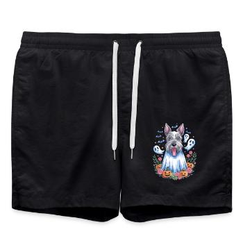 Cute Dog In Halloween Ghost Costume With - Swim Trunks - black - Front - AI Model Male 185 light (185cm)