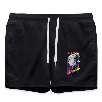 Cyberpunk Frau Geometrisch Rosa Blau Japan - Badeshorts - Schwarz - Vorne - AI Model Male 185 light (185cm)