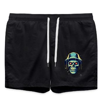 Funny cool skull with hat - Swim Trunks - black - Front - AI Model Male 185 light (185cm)