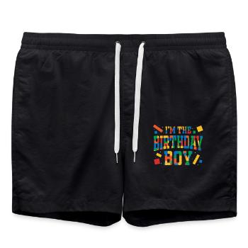 Coloré Anniversaire Garçon Blocs Fête Fun Design - Short de bain - noir - Devant - AI Model Male 185 light (185cm)
