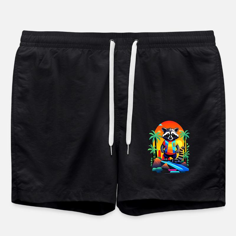 Retro Waschbär in Tropical Sunset - Badeshorts - Schwarz
