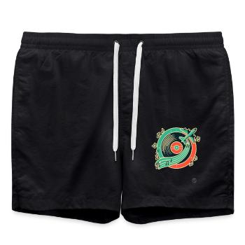 Retro Music & Travel Design "Plate & Airplane" - Swim Trunks - black - Front - AI Model Male 185 light (185cm)