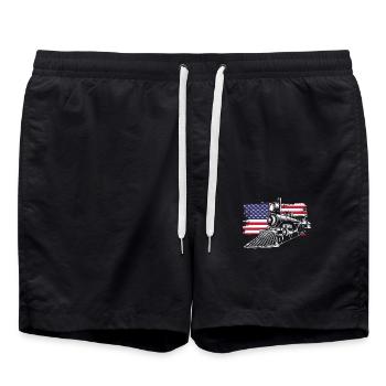 Amerikanische Dampflok Vor US-Flagge - Badeshorts - Schwarz - Vorne - AI Model Male 185 light (185cm)