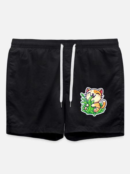 Cute Ginger Cat eating green grass - Swim Trunks - black