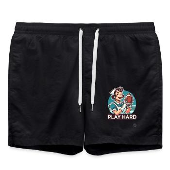 Retro cartoon housewife playing American football - Swim Trunks - black - Front - AI Model Male 185 light (185cm)