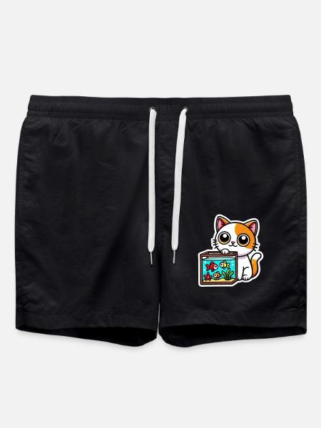 Cute ginger white Cat sitting by the Aquarium - Swim Trunks - black