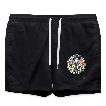 No shrimps: cartoon girl with corn on the cob - Swim Trunks - black - Front - AI Model Male 185 light (185cm)