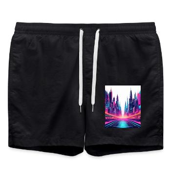 Neon Futuristic Cityscape – Sci-Fi Cyberpunk Art - Swim Trunks - black - Front - AI Model Male 185 light (185cm)
