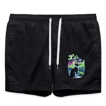 Das Leben ist gut Nordlicht Katze Life is Good - Badeshorts - Schwarz - Vorne - AI Model Male 185 light (185cm)