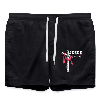 Jesus - König der Könige, 1 Kreuz 3 Nägel 4 gegeben - Badeshorts - Schwarz - Vorne - AI Model Male 185 light (185cm)