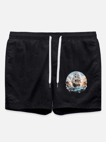 Sailing Ship, Frigate, Boat - Swim Trunks - black