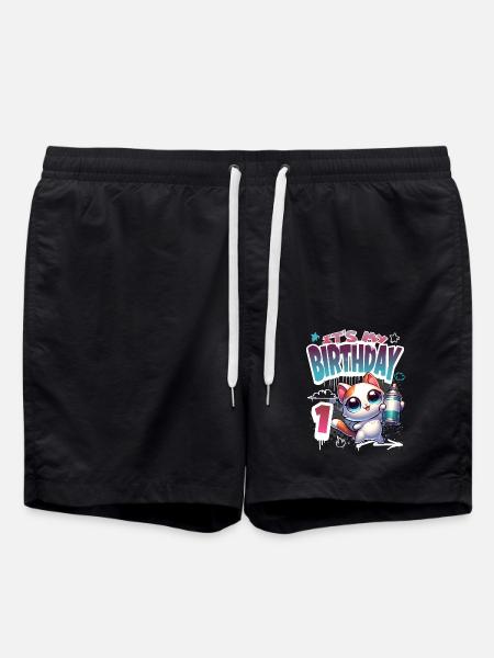 1st Birthday Cat Graffiti - Swim Trunks - black