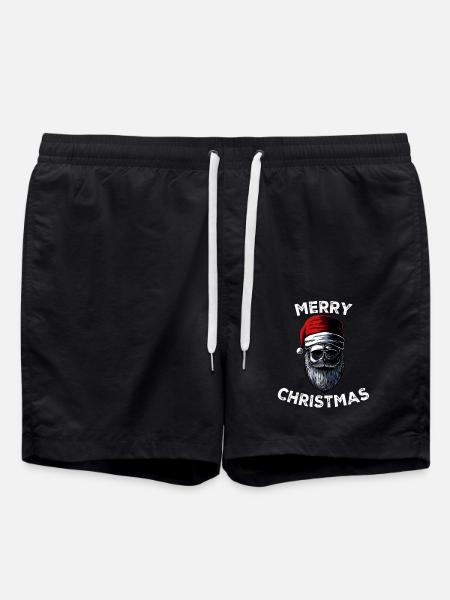 Merry Christmas Skull Skeleton with Santa Hat Xmas - Swim Trunks - black