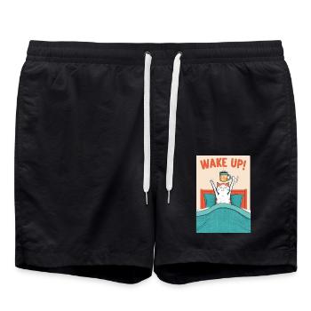 Wake up, Morgenkaffee, Bett, aufwachen, Katze - Badeshorts - Schwarz - Vorne - AI Model Male 185 light (185cm)