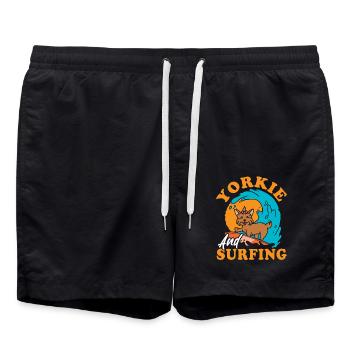 Surfing Yorkie, Catching Waves, Cute - Swim Trunks - black - Front - AI Model Male 185 light (185cm)