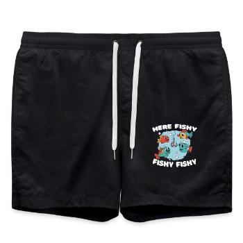 Here Fishy Fishy Lustiger Angler Spruch - Swim Trunks - black - Front - AI Model Male 185 light (185cm)