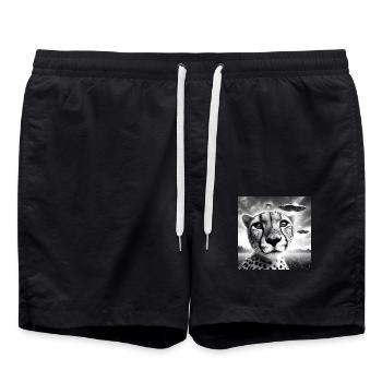 Cheetah Funny Graphic Selfie with UFOs Weird Alien - Badeshorts - Schwarz - Vorne - AI Model Male 185 light (185cm)