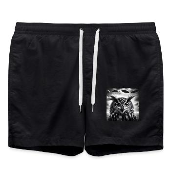 Owl Funny Graphic Selfie with UFOs Weird Aliens Sc - Badeshorts - Schwarz - Vorne - AI Model Male 185 light (185cm)