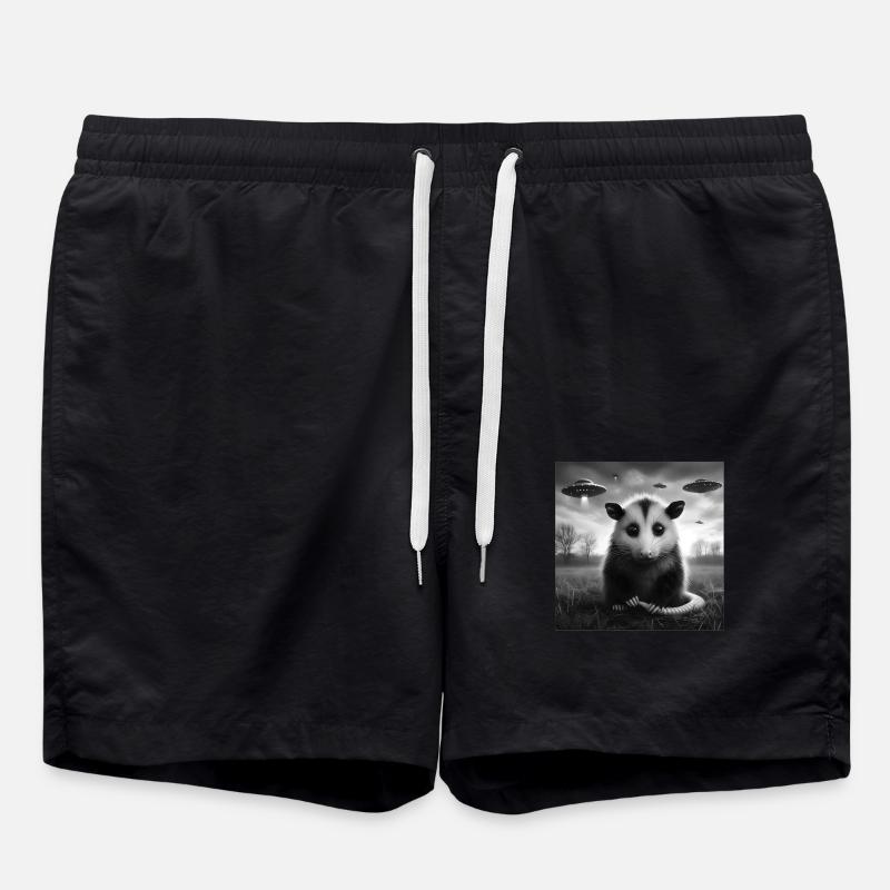 Opossum Funny Graphic Selfie with UFOs Weird Alien - Swim Trunks - black