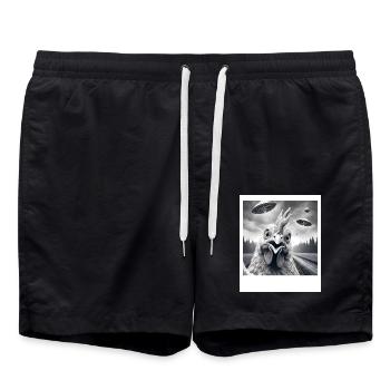 Huhn Hahn Lustiges Grafik Selfie mit UFOs Wei - Badeshorts - Schwarz - Vorne - AI Model Male 185 light (185cm)