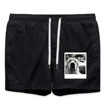 Große Pyrenäen Lustiges Grafik-Selfie mit UFOs Wehr - Badeshorts - Schwarz - Vorne - AI Model Male 185 light (185cm)