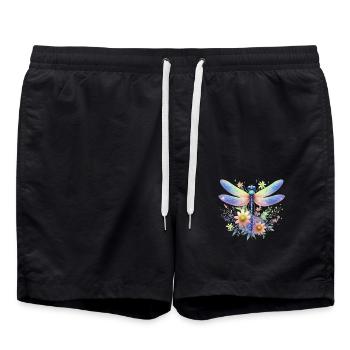 Libellule Et Fleurs Aquarelle Nature Motif - Short de bain - noir - Devant - AI Model Male 185 light (185cm)