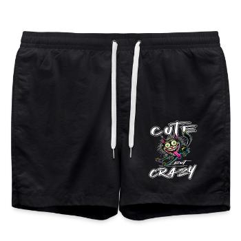 Cute but Crazy Cat Comic Style Funny Motif - Swim Trunks - black - Front - AI Model Male 185 light (185cm)
