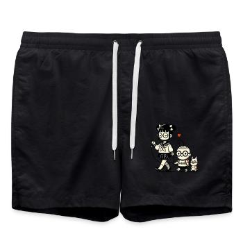 japanese schoolgirl, little brotherwith dog - Swim Trunks - black - Front - AI Model Male 185 light (185cm)