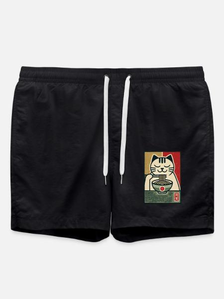 Ramen Nudeln Katzenliebhaber Retro Kawaii Katzen - Badeshorts - Schwarz